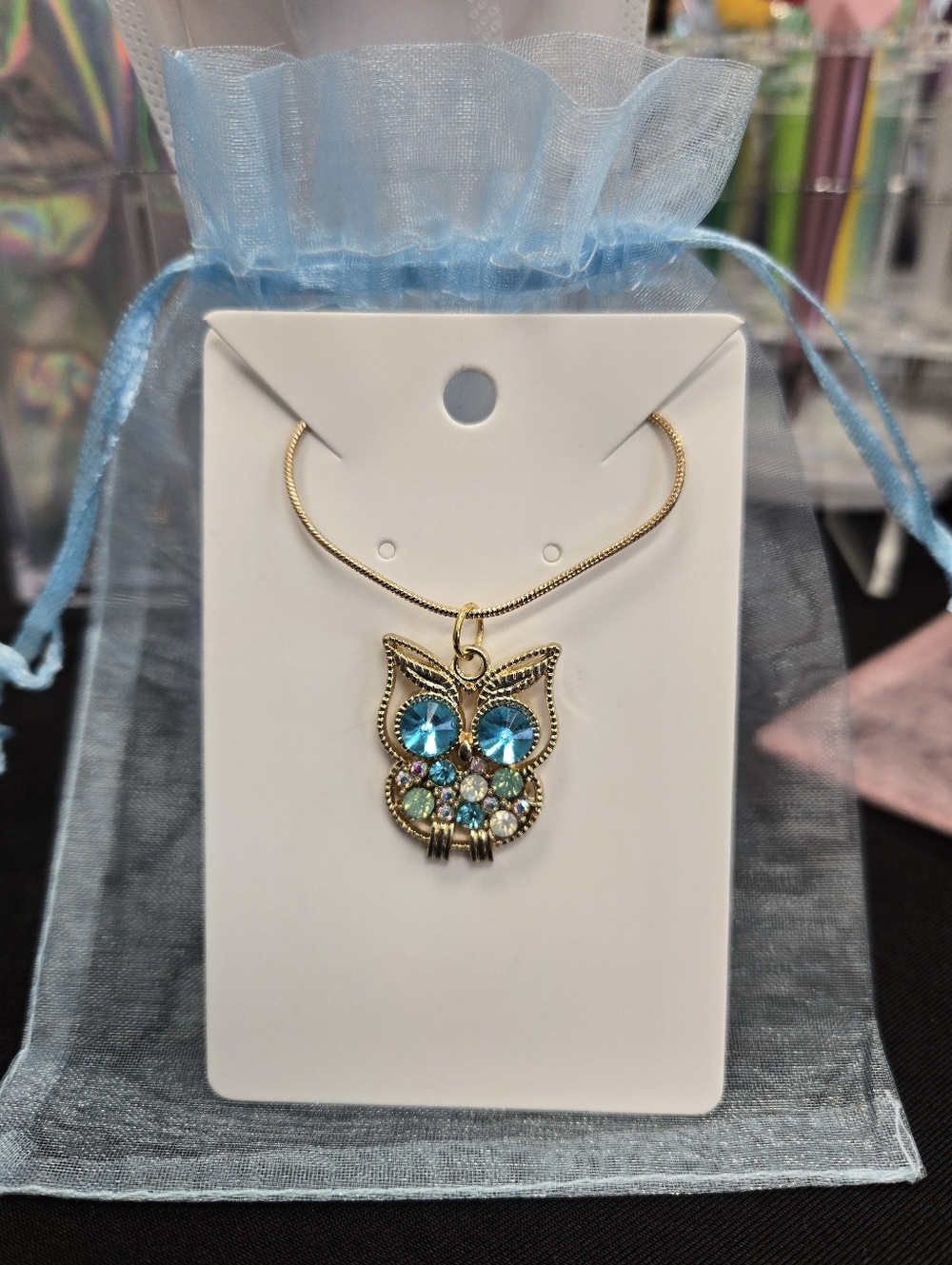 Owl Necklace Blue And Gold - Hand Crafted